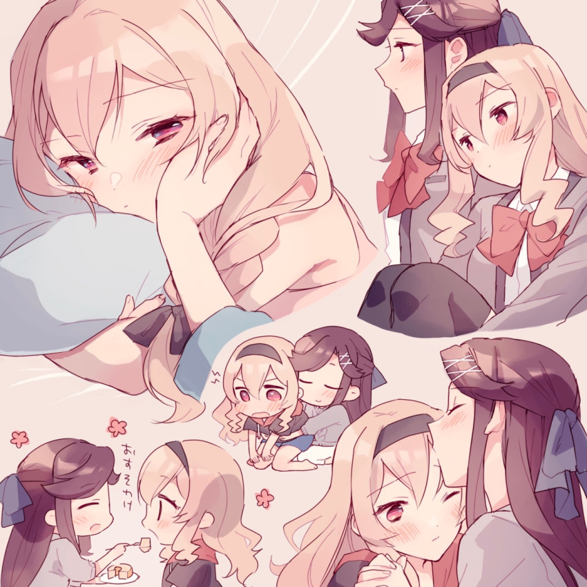 2girls, alternate_hairstyle, bangs, bare_shoulders, baumkuchen, black_bow, black_hairband, black_hoodie