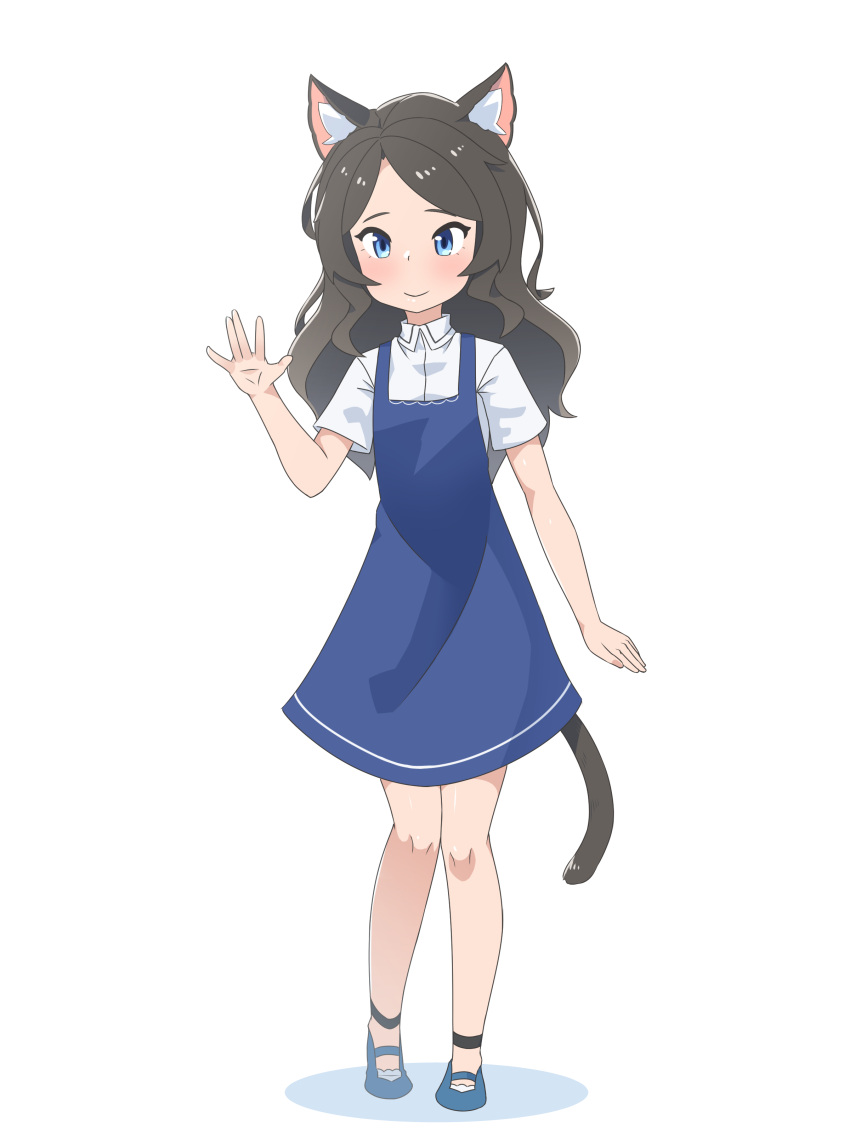 1girl, absurdres, animal_ear_fluff, animal_ears, blue_dress, blue_eyes, blue_footwear, blush