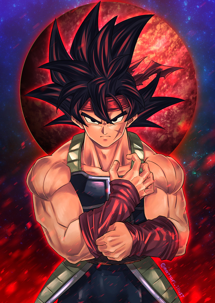 1boy, bardock, black_eyes, black_hair, closed_mouth, cross_scar, dragon_ball, dragon_ball_z, headband, male_focus, mattari_illust, muscular, muscular_male, planet, red_headband, saiyan_armor, scar, scar_on_cheek, scar_on_face, serious, solo, space, wristband