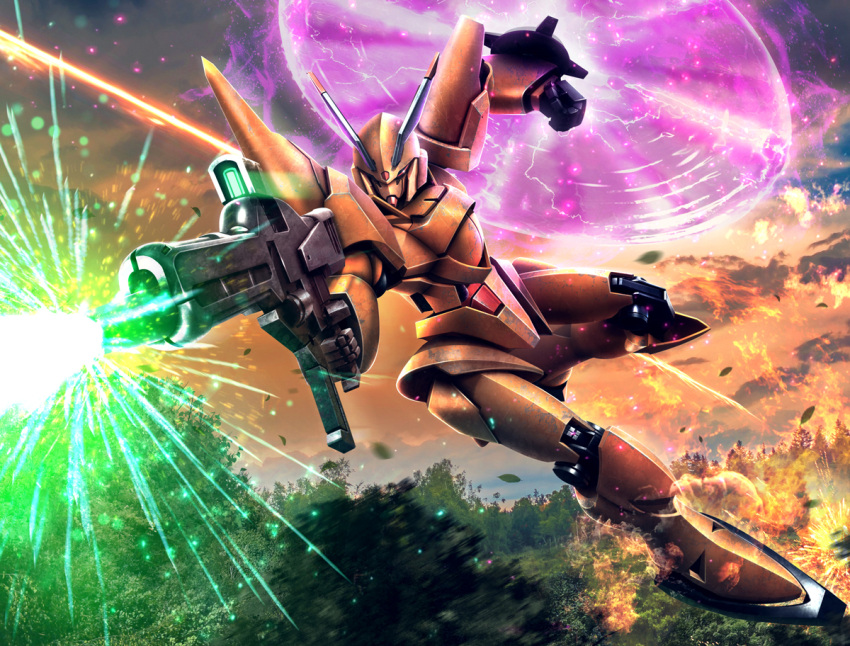 beam_rifle, clenched_hand, energy_gun, fire, firing, gun, gundam, hiropon_(tasogare_no_puu), holding, holding_gun, holding_weapon, mecha, mobile_suit, no_humans, red_eyes, science_fiction, shokew, solo, victory_gundam, weapon, zanscare