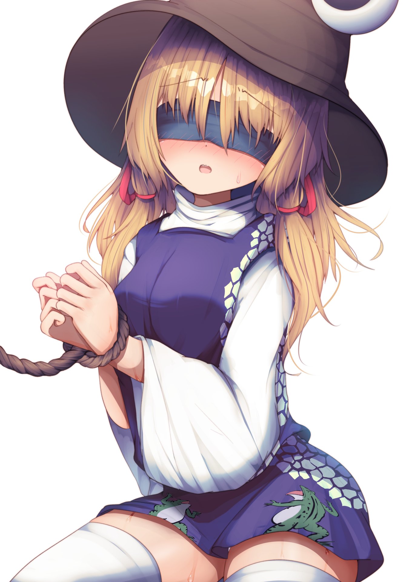 1girl, animal_print, blindfold, blonde_hair, bound, bound_wrists, commentary_request, covered_eyes