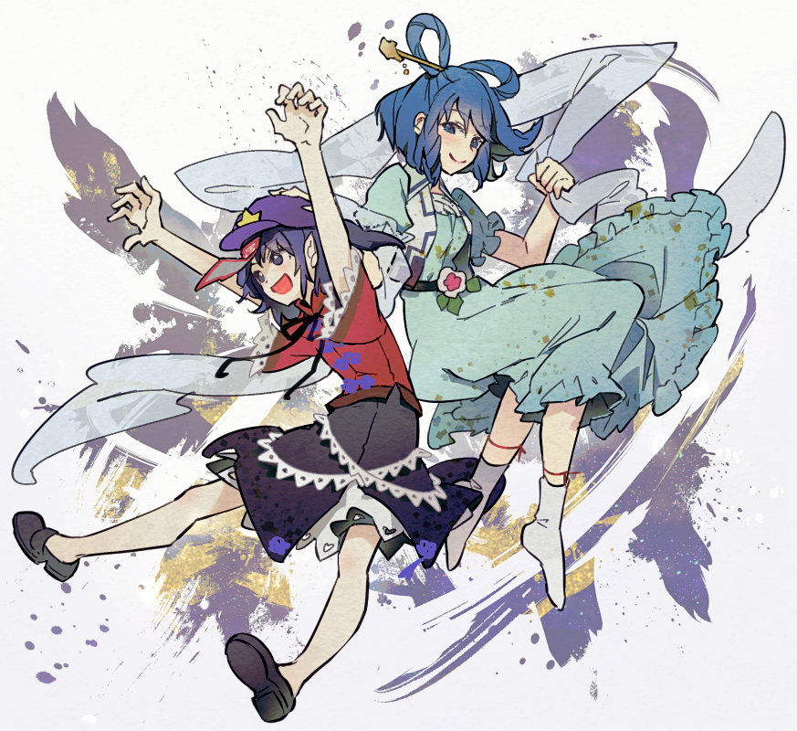 2girls, :d, aqua_dress, arms_up, bangs, belt, black_skirt, blue_eyes