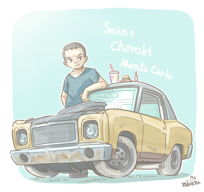 1boy, artist_name, blue_shirt, brown_eyes, brown_hair, burger, car, chevrolet, chevrolet_monte_carlo, chibi, collarbone, cup, disposable_cup, drinking_straw, food, ground_vehicle, highres, looking_to_the_side, motor_vehicle, muscle_car, rabienu, sean_boswell, shirt, smile, tabasco, the_fast_and_the_furious, the_fast_and_the_furious:_tokyo_drift, vehicle_focus