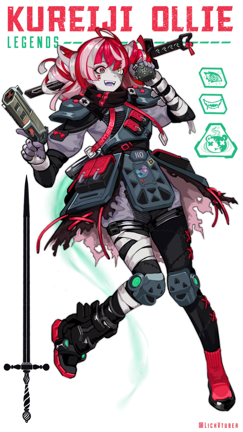 1girl, absurdres, ahoge, apex_legends, armor, bandaged_arm, bandages, bangs