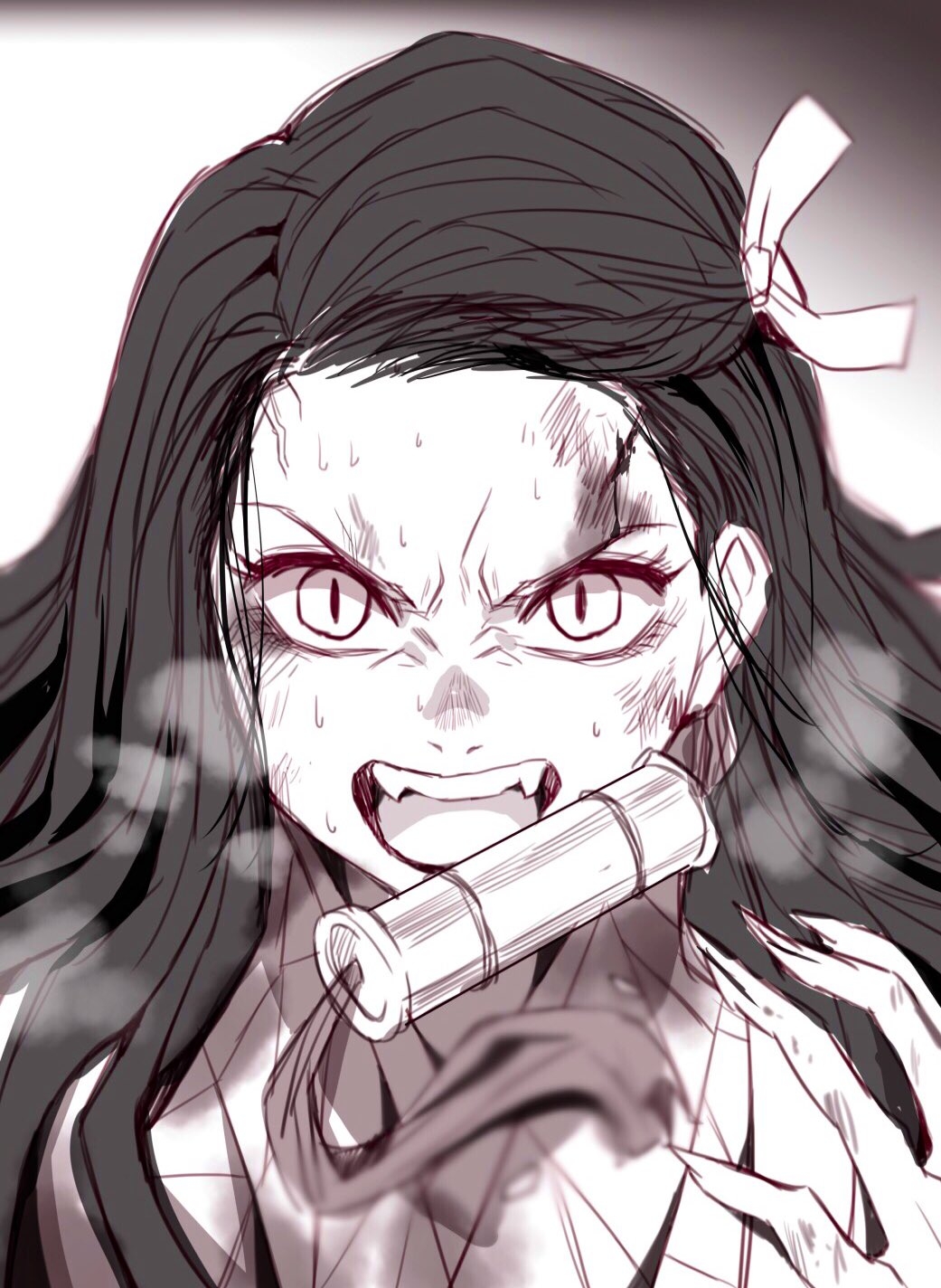 1girl, angry, bow, bruise, bruise_on_face, fangs, fingernails, hair_bow