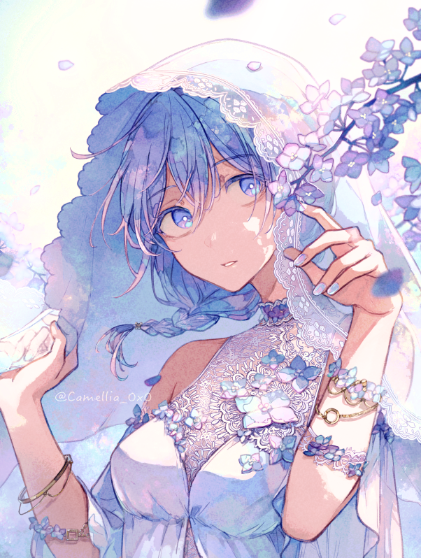 1girl, akagi_shun, bangs, blue_eyes, blue_flower, blue_hair, blue_nails, bracelet