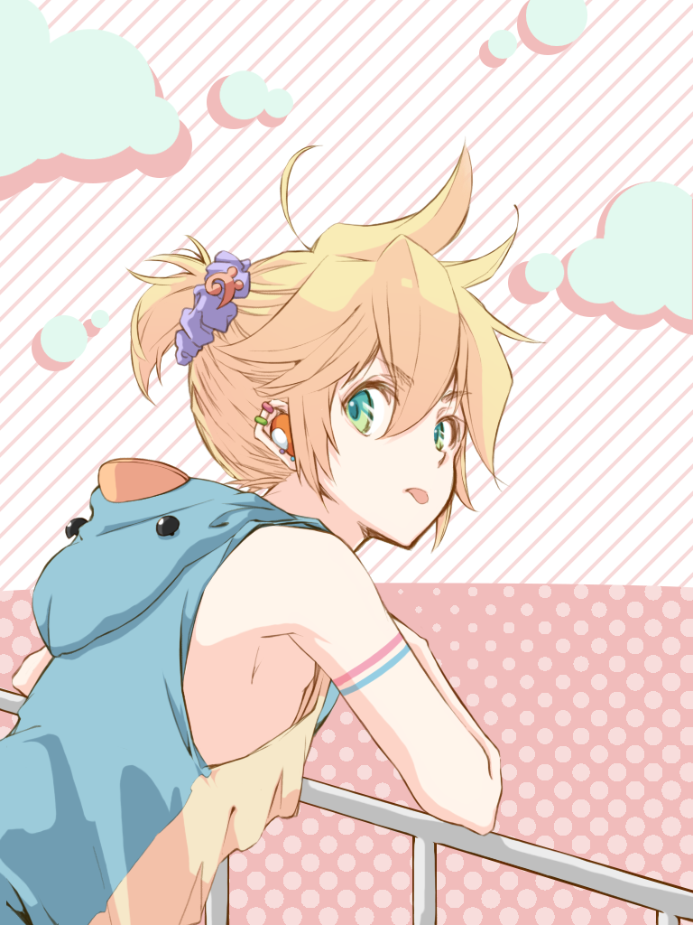 1boy, agi_hayami, aqua_eyes, arm_support, bare_shoulders, bass_clef, blonde_hair, clouds