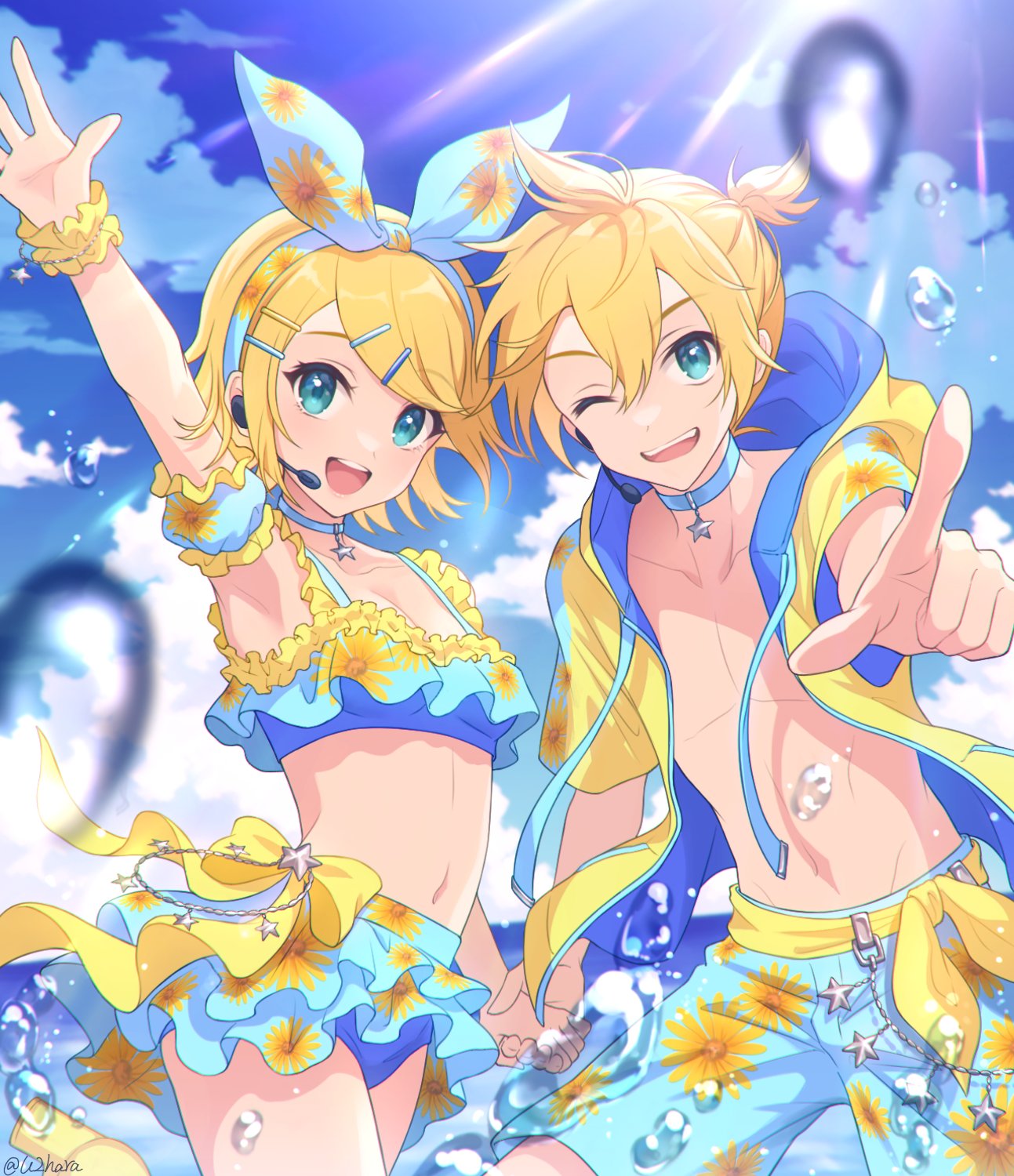 1boy, 1girl, aqua_bikini, aqua_bow, aqua_eyes, arm_up, bangs, bikini