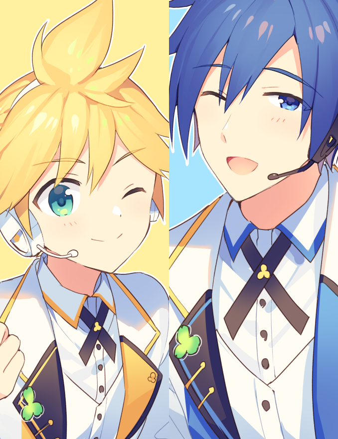 2boys, aqua_eyes, blonde_hair, blue_eyes, blue_hair, clover, column_lineup, commentary