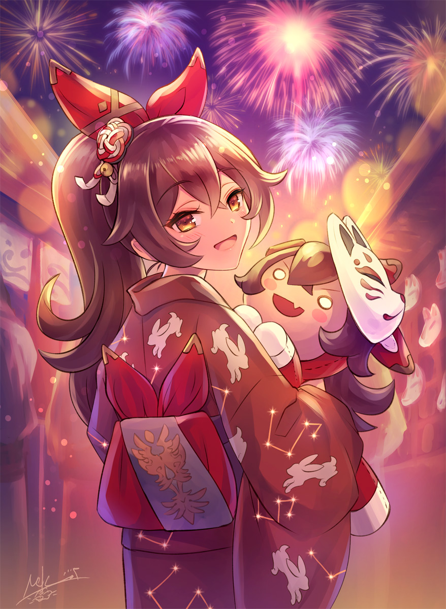 1girl, :d, alternate_costume, alternate_hairstyle, amber_(genshin_impact), bangs, baron_bunny_(genshin_impact), blurry