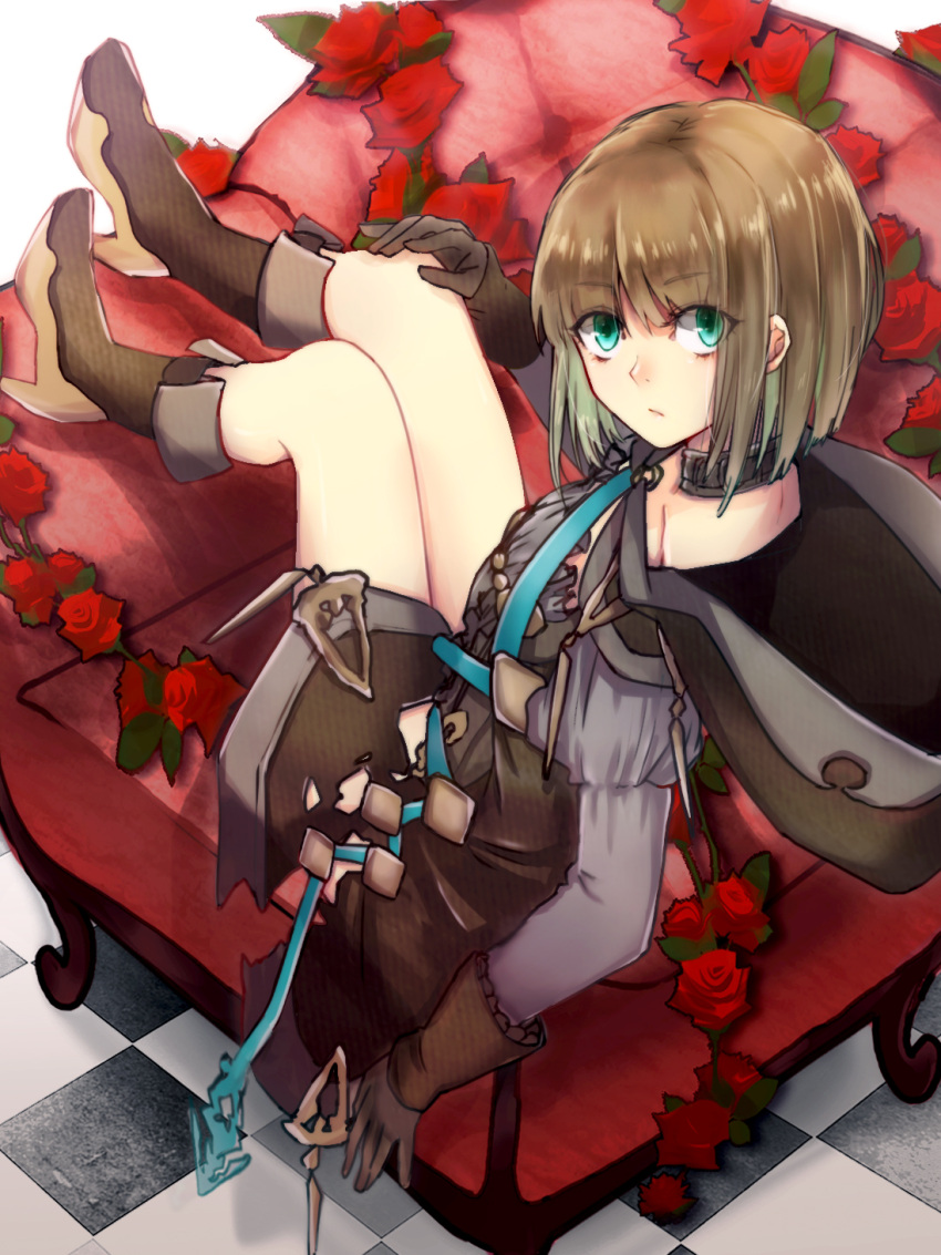1boy, bangs, boots, brown_footwear, brown_gloves, brown_hair, brown_hood, chair, checkered, checkered_floor, choker, closed_mouth, flower, full_body, gloves, green_eyes, gretel_(sinoalice), hair_between_eyes, highres, long_sleeves, looking_at_viewer, otoko_no_ko, red_flower, red_rose, rico_tta, rose, short_hair, sinoalice, sitting, solo