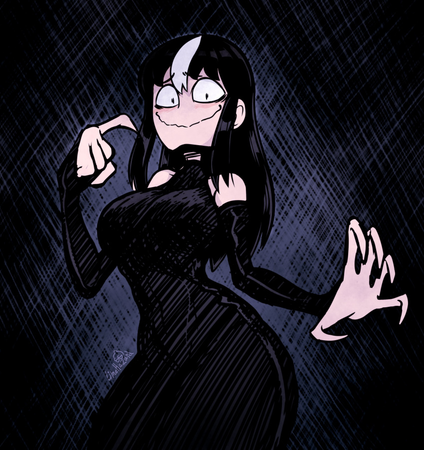 1girl, absurdres, bare_shoulders, black_dress, black_hair, borrowed_character, breasts, commentary