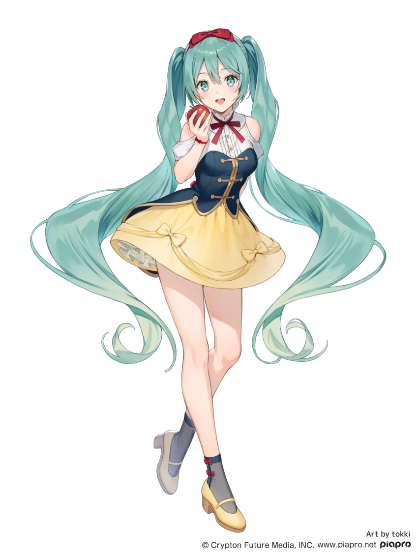 1girl, apple, aqua_eyes, aqua_hair, arm_behind_back, artist_name, bare_shoulders, blue_corset
