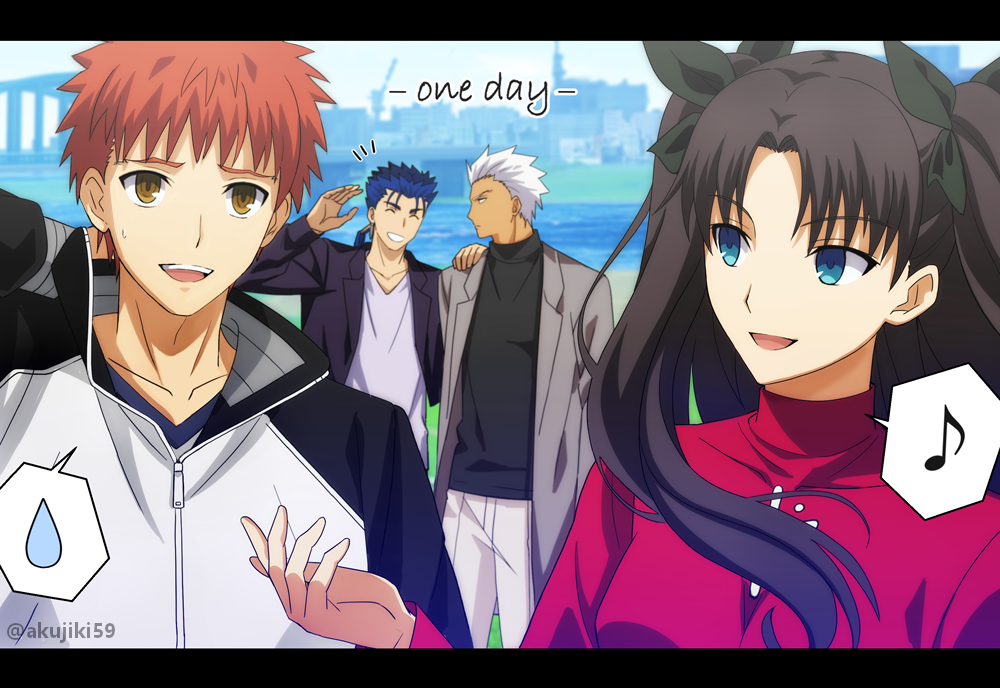 1girl, 3boys, akujiki59, archer_(fate), artist_name, bangs, black_jacket, black_shirt