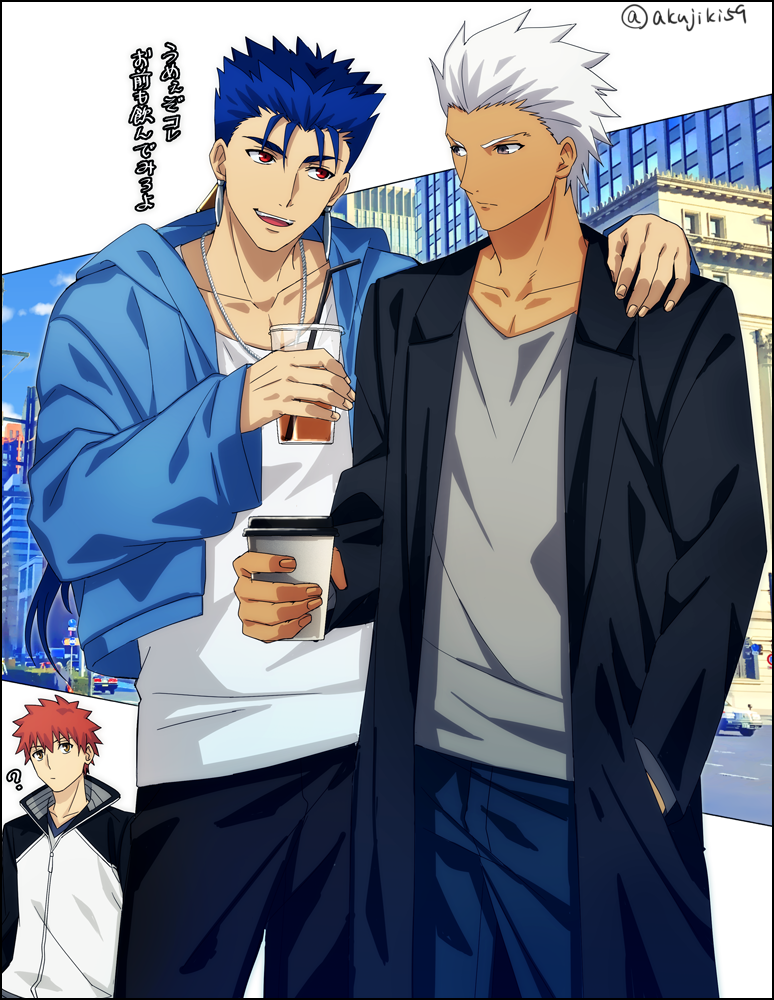 3boys, akujiki59, archer_(fate), bangs, black_coat, black_pants, blue_hair, blue_jacket
