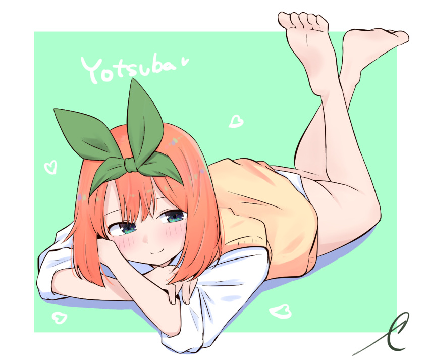 1girl, bangs, barefoot, blue_eyes, blush, bottomless, character_name, closed_mouth, collared_shirt, eyebrows_behind_hair, go-toubun_no_hanayome, green_background, green_ribbon, hair_between_eyes, hair_ribbon, heart, kujou_karasuma, legs_up, long_sleeves, looking_at_viewer, lying, nakano_yotsuba, on_stomach, orange_hair, ribbon, shirt, signature, smile, soles, sweater_vest, the_pose, two-tone_background, white_background, white_shirt