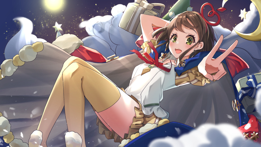 1girl, alchemy_stars, blush, borumete, box, brown_hair, cape, clouds