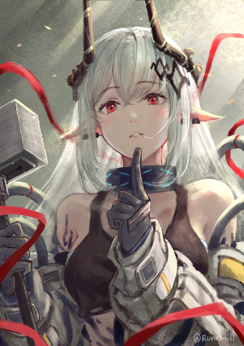 1girl, arknights, bare_shoulders, black_gloves, black_tank_top, coat, collarbone, crop_top