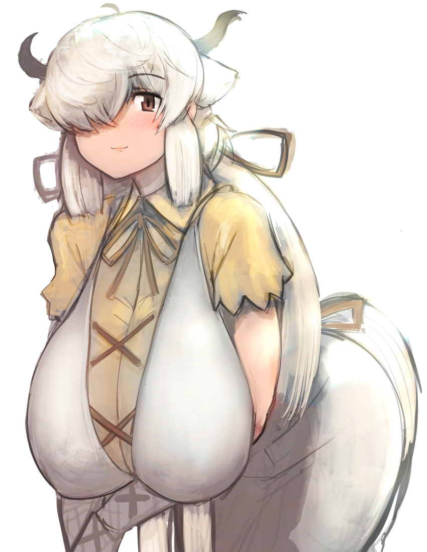 1girl, ahoge, alternate_breast_size, bangs, bent_over, blush, breasts, brown_eyes