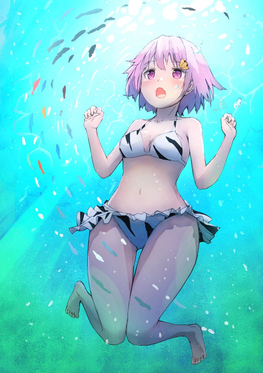 1girl, absurdres, animal_print, bikini, bikini_skirt, commentary_request, fang, freediving