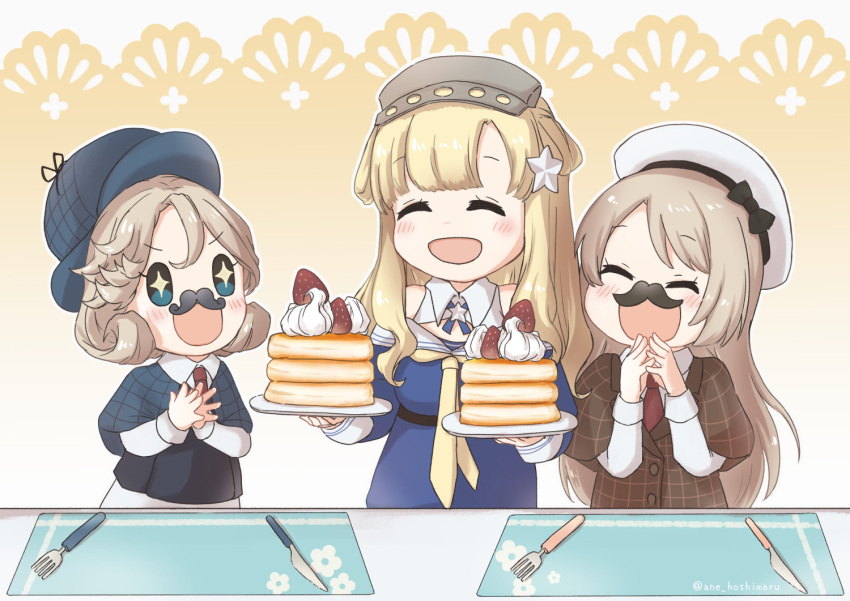 3girls, alternate_costume, ane_hoshimaru, blonde_hair, blue_eyes, blue_shirt, closed_eyes, double_bun