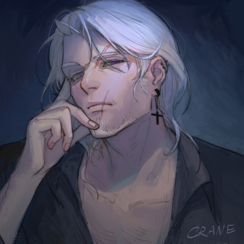 1boy, artist_name, cross, cross_earrings, ear_piercing, earrings, facial_hair, grey_background
