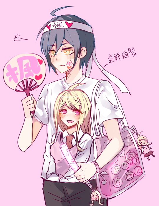 1boy, :d, ahoge, akamatsu_kaede, aki_(a2006p1074), alternate_costume, bag, bangs