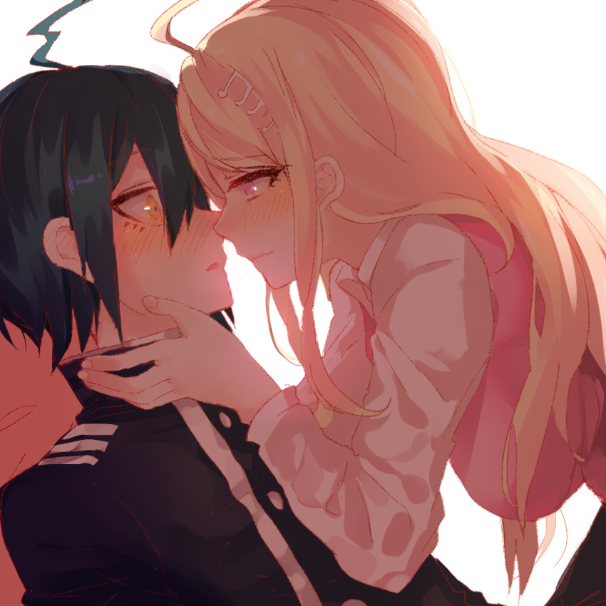1boy, 1girl, ahoge, akamatsu_kaede, aki_(a2006p1074), bangs, black_hair, black_jacket, blonde_hair, blush, breasts, brown_eyes, buttons, commentary_request, dangan_ronpa_(series), dangan_ronpa_v3:_killing_harmony, eyebrows_visible_through_hair, eyelashes, from_side, hair_ornament, hetero, highres, jacket, large_breasts, long_hair, looking_at_another, musical_note_hair_ornament, necktie, pink_eyes, pink_vest, profile, saihara_shuuichi, shirt, short_hair, simple_background, vest, wavy_mouth, white_background, white_shirt, yellow_eyes