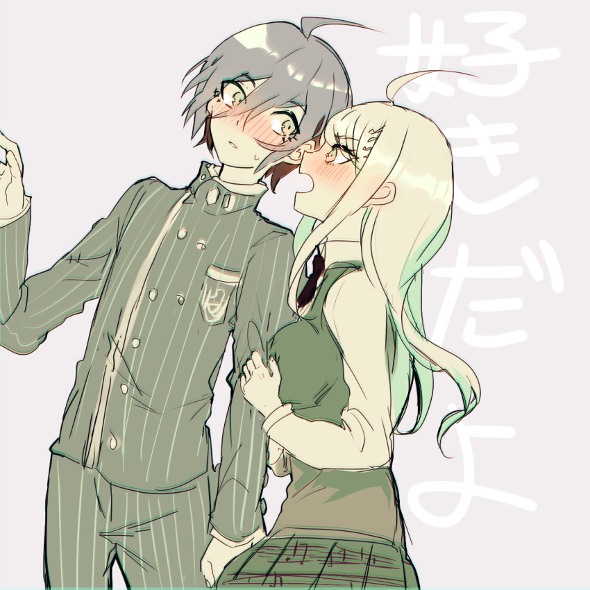 1boy, 1girl, ahoge, akamatsu_kaede, aki_(a2006p1074), alternate_color, alternate_hair_color, bangs