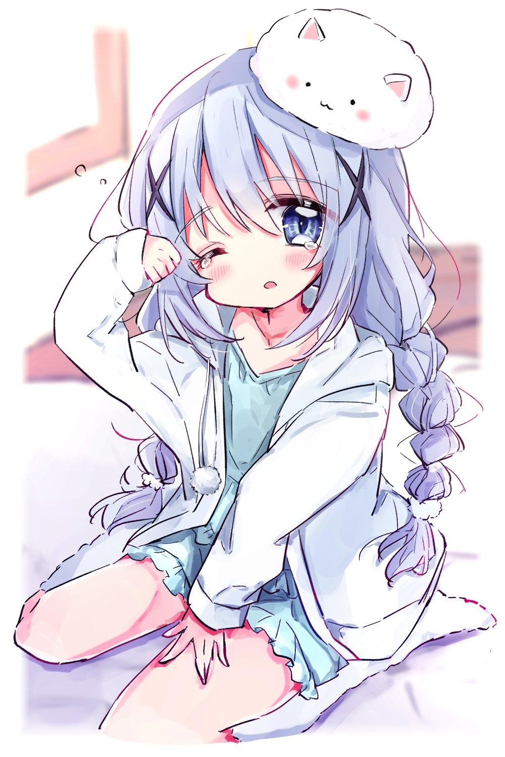 1girl, blue_eyes, blurry, blurry_background, blush, braid, cardigan, collarbone