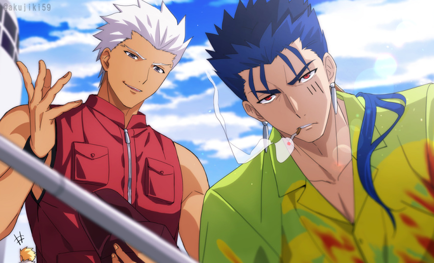 +++, 3boys, akujiki59, archer_(fate), bangs, blonde_hair, blue_hair, blurry