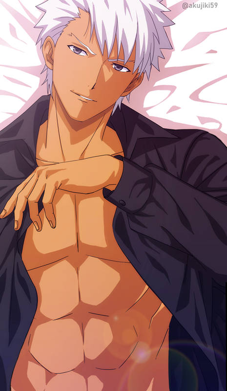 1boy, abs, akujiki59, archer_(fate), artist_name, bangs, bed_sheet, black_shirt
