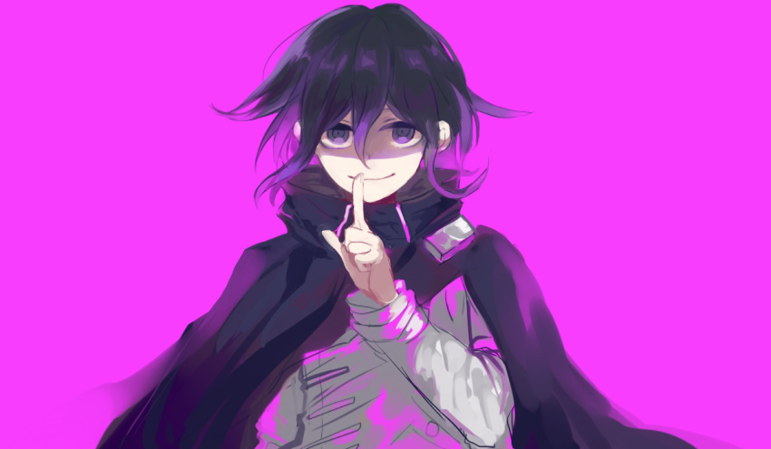 1boy, aki_(a2006p1074), bangs, black_cape, black_hair, cape, commentary_request, dangan_ronpa_(series)
