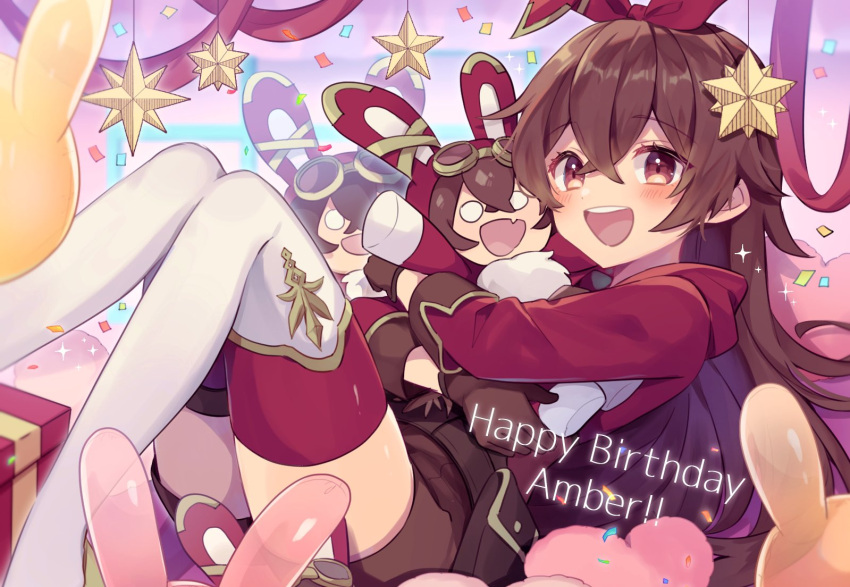 !, !!, 1girl, amber_(genshin_impact), baron_bunny_(genshin_impact), brown_eyes, brown_hair, character_name, commentary_request, eyebrows_visible_through_hair, genshin_impact, gloves, hair_between_eyes, happy_birthday, long_hair, long_sleeves, looking_at_viewer, open_mouth, shirase_(shirose), shorts, solo, teeth, thigh-highs, tongue