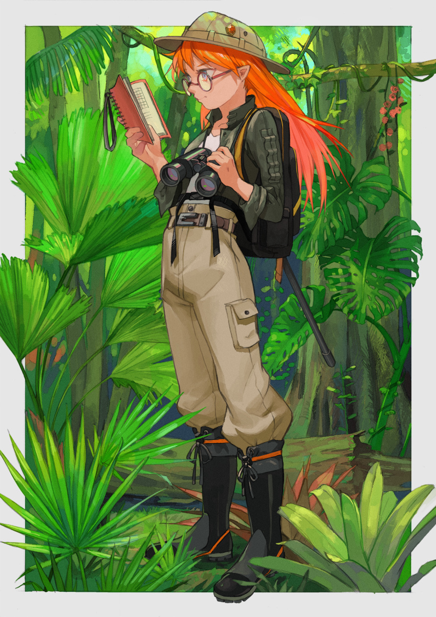 1girl, absurdres, backpack, bag, beige_headwear, beige_pants, belt, binoculars, black_bag, black_footwear, blue_eyes, boots, border, brown_belt, commentary_request, day, flower, from_side, full_body, gem, glasses, grass, green_jacket, green_theme, hands_up, hat, highres, holding, holding_binoculars, holding_notebook, huge_filesize, jacket, jungle, kumomachi, leaf, long_hair, long_sleeves, looking_away, nature, notebook, orange_hair, original, outdoors, outside_border, pants, plant, pointy_ears, red-framed_eyewear, red_flower, round_eyewear, shirt, shirt_tucked_in, solo, standing, tree, vines, white_border, white_shirt