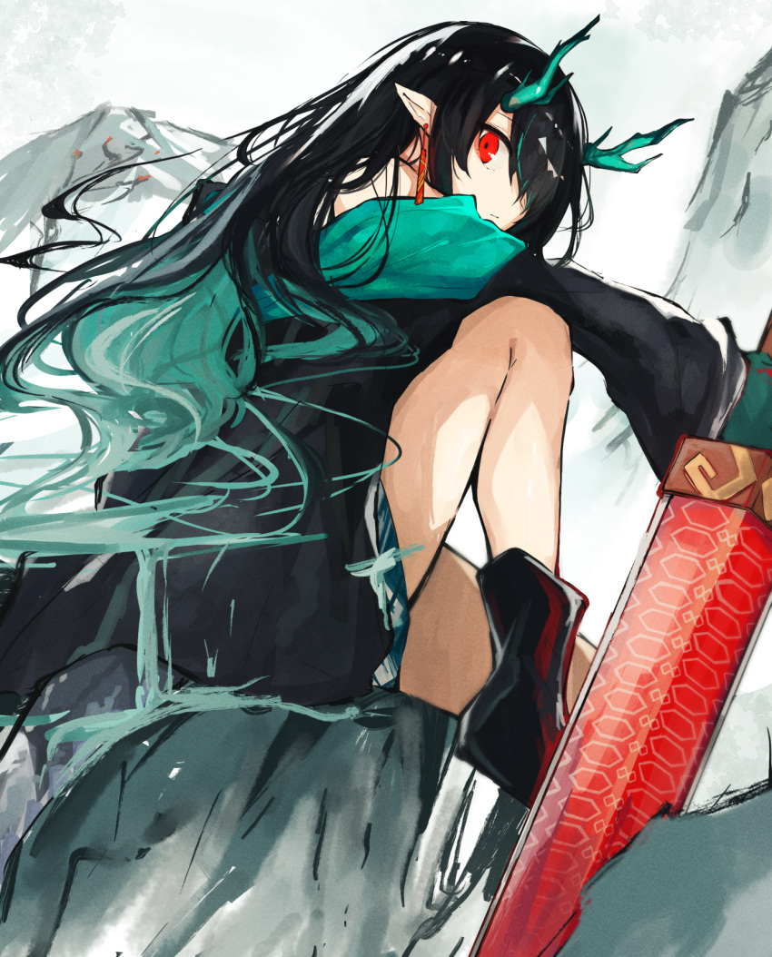 1girl, aitekku, arknights, bangs, bare_legs, black_footwear, black_hair, black_jacket