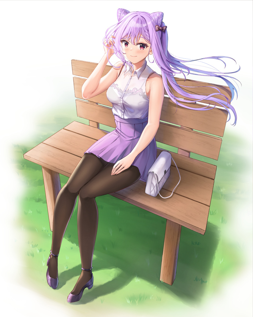 1girl, absurdres, alternate_costume, bag, bare_arms, bare_shoulders, bench, black_bow