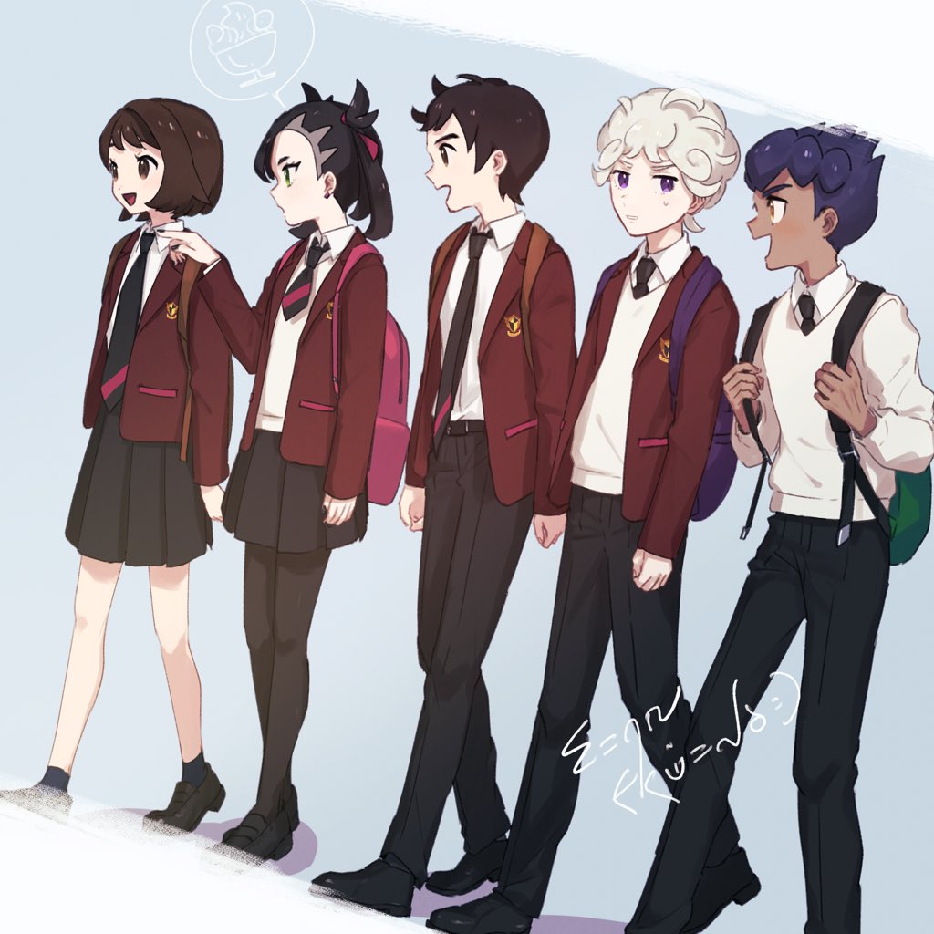 2girls, 3boys, :d, alternate_costume, backpack, bag, bangs, bede_(pokemon)