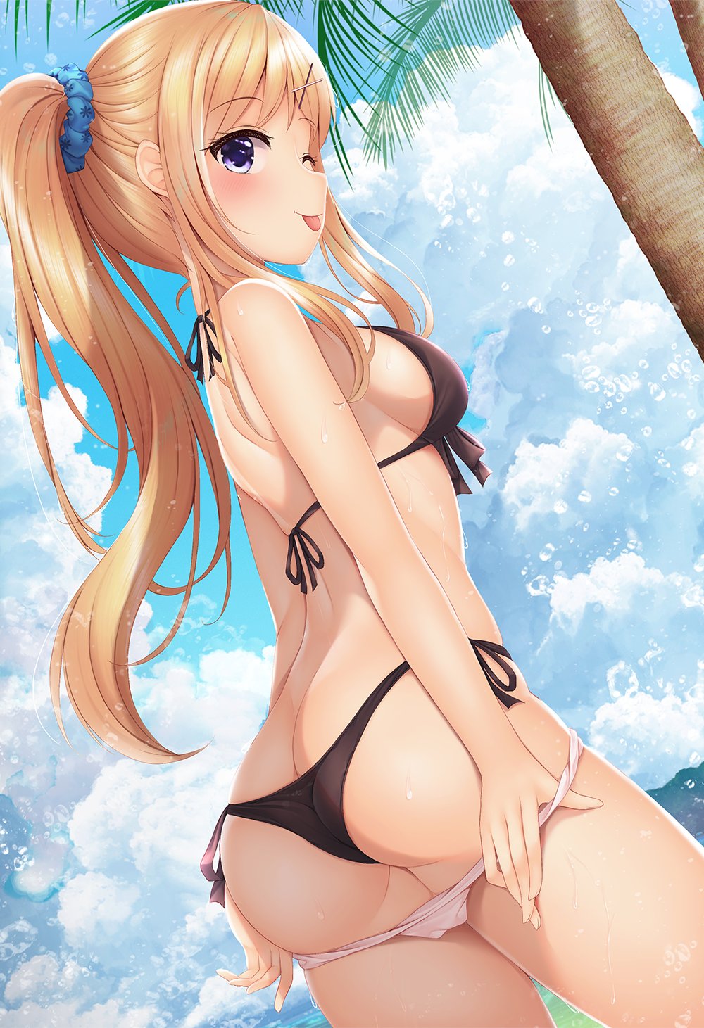 1girl, ;p, ass, bikini, black_bikini, blonde_hair, blue_scrunchie, blue_sky