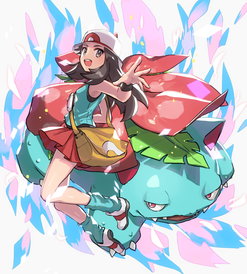 1girl, :d, bag, brown_eyes, brown_hair, bucket_hat, commentary_request, eyelashes, gen_1_pokemon, green_legwear, green_shirt, grey_asa, hat, highres, leaf_(pokemon), long_hair, looking_at_viewer, loose_socks, messenger_bag, open_mouth, pleated_skirt, pokemon, pokemon_(creature), pokemon_(game), pokemon_frlg, red_skirt, shirt, shoes, shoulder_bag, skirt, sleeveless, sleeveless_shirt, smile, spread_fingers, tongue, upper_teeth, venusaur, vs_seeker, white_footwear, white_headwear, wristband, yellow_bag