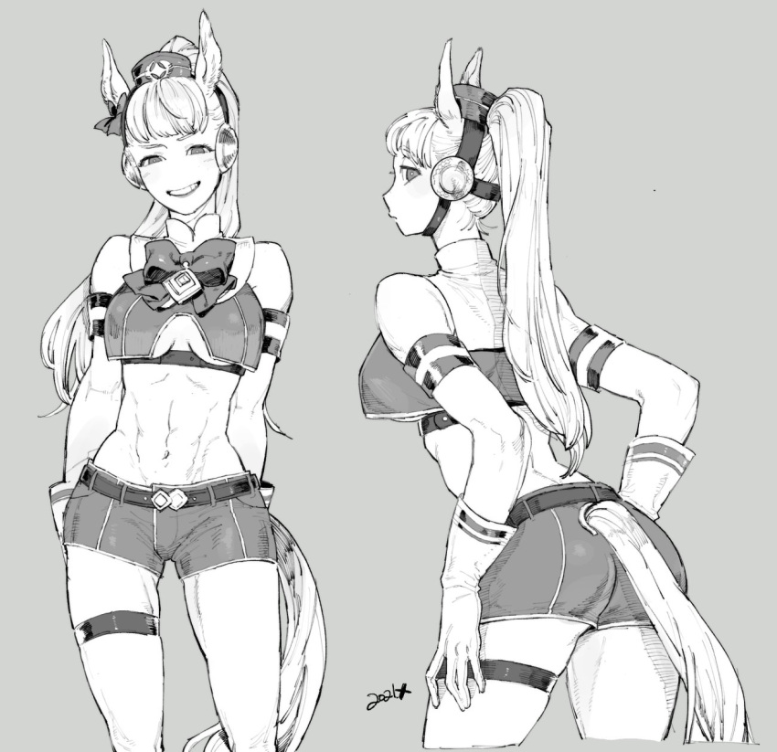 1girl, animal_ears, ass, bangs, bare_shoulders, belt, bow, bowtie, breasts, gloves, gold_ship_(umamusume), greyscale, grin, highres, horse_ears, horse_tail, long_hair, looking_at_viewer, midriff, monochrome, navel, picoheads, ponytail, shorts, smile, solo, tail, umamusume
