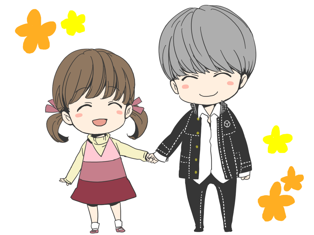 child, closed_eyes, doujima_nanako, narukami_yuu, persona, persona_4, satoo_(pixiv), school_uniform, seta_souji, twintails