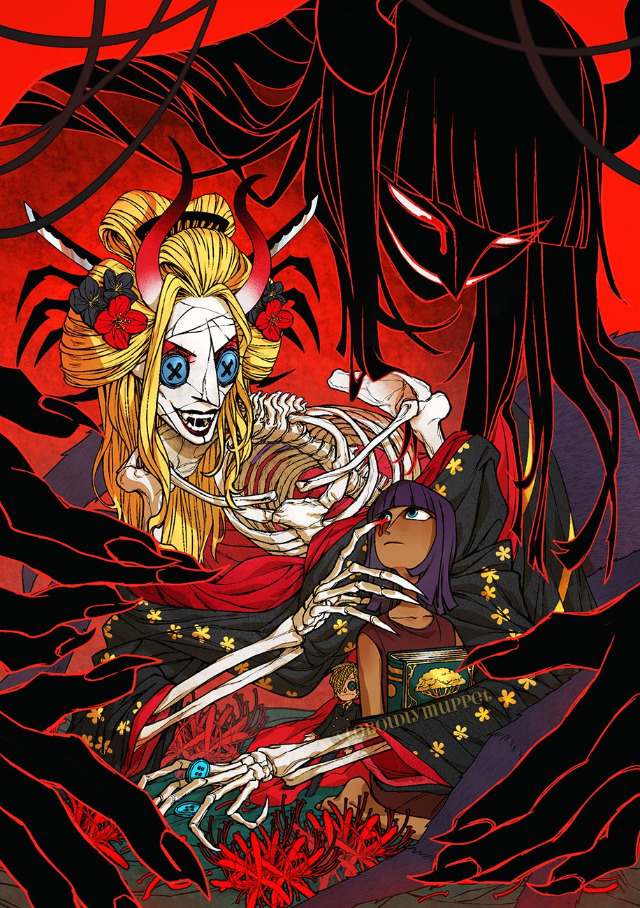 1girl, aqua_eyes, barefoot, black_hair, black_maria_(one_piece), blonde_hair, blood, bloody_tears