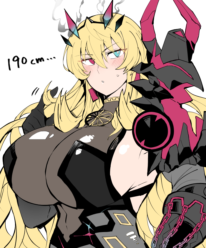 1girl, black_gloves, blonde_hair, blush, breasts, chain, fairy_knight_gawain_(fate), fate/grand_order, fate_(series), gloves, hannpen5500, heterochromia, large_breasts, long_hair, looking_away, playing_with_own_hair, white_background