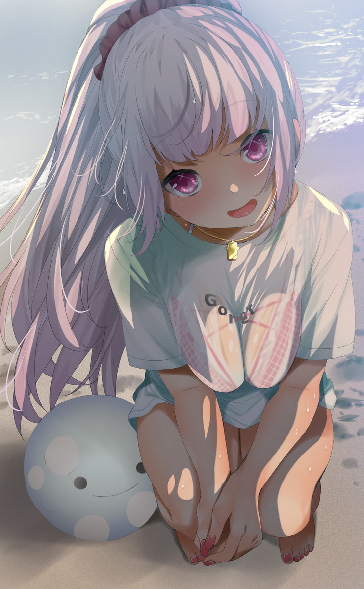 1girl, ball, bangs, bare_legs, barefoot, beach, beachball, blush