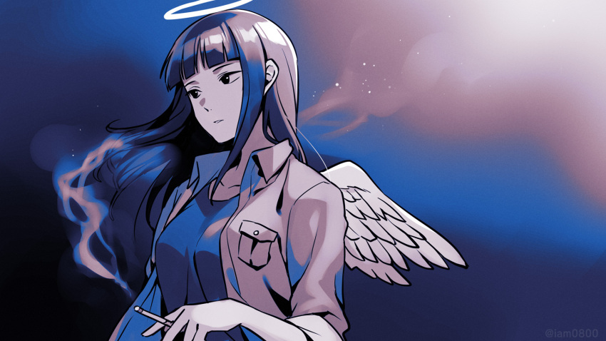 1girl, angel, angel_wings, asada_hachi, bangs, banned_artist, black_eyes, blue_background