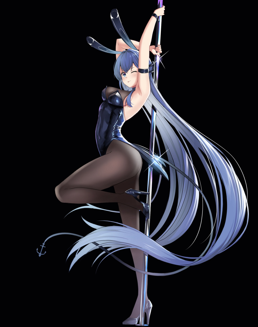 1girl, absurdly_long_hair, absurdres, anchor_ornament, animal_ears, arm_strap, armpits, ass, azur_lane, black_background, black_footwear, black_leotard, blue_eyes, blue_hair, bodystocking, breasts, detached_collar, fake_animal_ears, from_side, full_body, high_heels, highres, large_breasts, leg_up, leotard, levy_(comradlevy), long_hair, looking_at_viewer, looking_to_the_side, new_jersey_(azur_lane), new_jersey_(exhilarating_steps!)_(azur_lane), official_alternate_costume, one_eye_closed, playboy_bunny, pole, rabbit_ears, shoes, simple_background, solo, strapless, strapless_leotard, stripper_pole, very_long_hair, wrist_cuffs