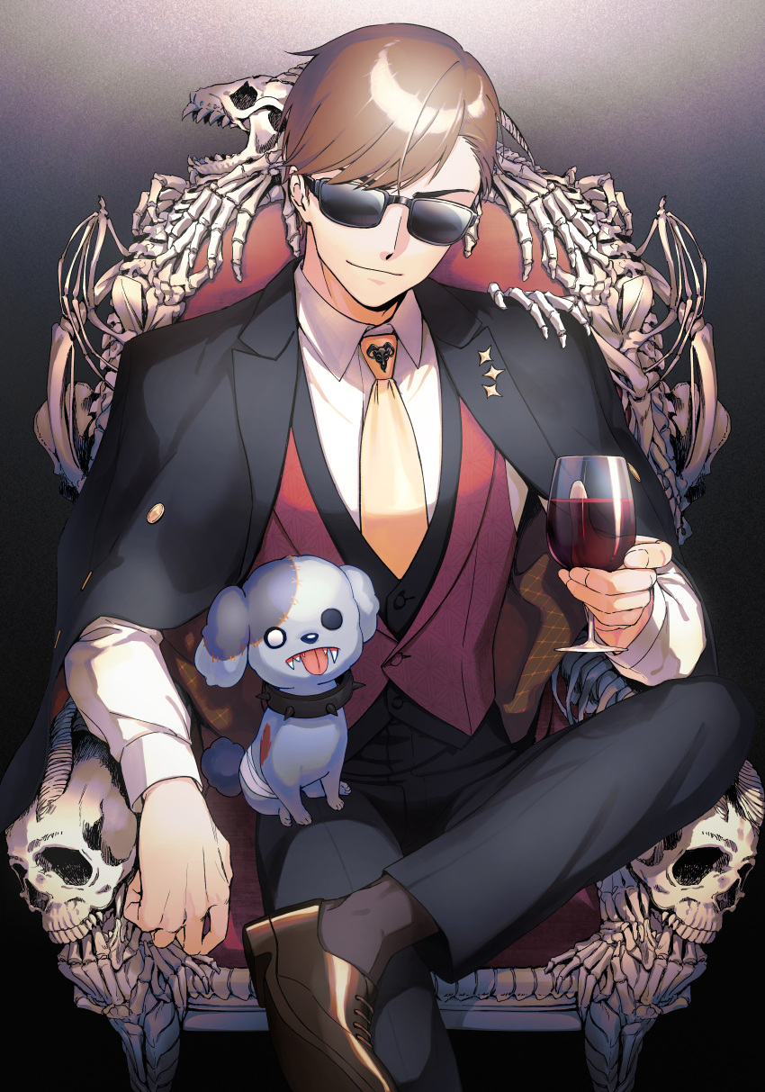 1boy, absurdres, alcohol, animal_skull, bangs, bliss_(ferment_factory), bone, brown_hair