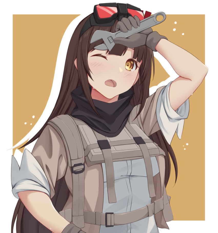 1girl, act_(xadachit), breasts, brown_hair, girls_frontline, girls_frontline_2:_exilium, goggles, goggles_on_head