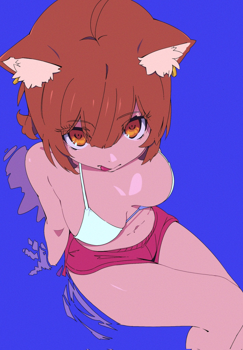 1girl, animal_ear_fluff, arm_support, bangs, bare_arms, bare_shoulders, bikini, brown_eyes